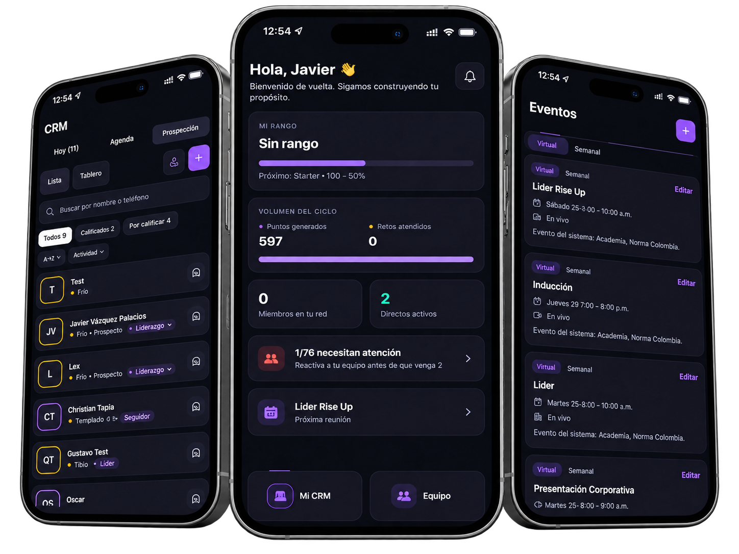 App Rise Up Líder · Inicio, CRM de prospectos y Eventos